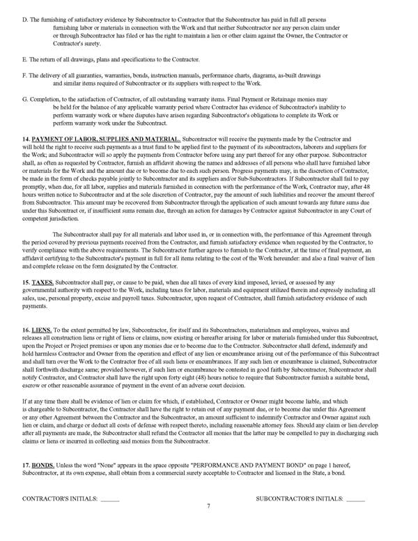 Standard Form of Agreement Between Contractor and Subcontractor - Image 7