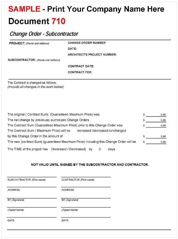 Change Order to Subcontractor