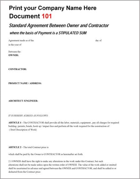 Standard Agreement Between Owner and Contractor