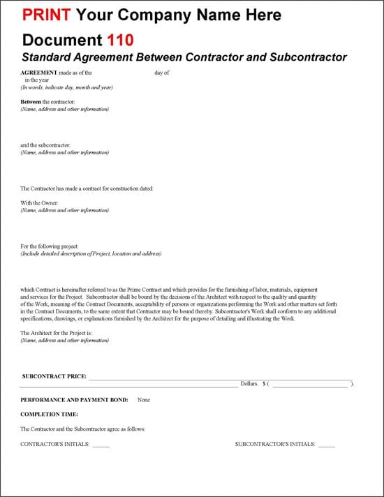 Standard Agreement Between Contractor and Subcontractor