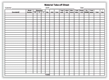 Material Takeoff Sheet