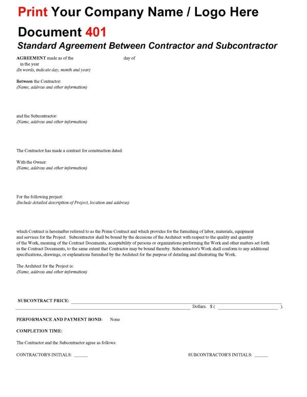 Standard Form of Agreement Between Contractor and Subcontractor