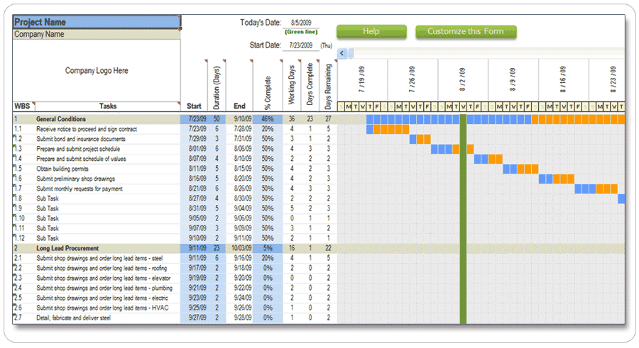 Excel Construction Schedule 7 day view